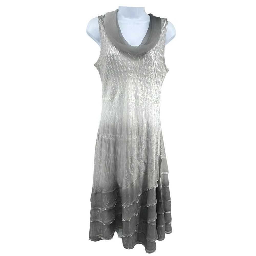Komarov Crinkle Tiered Midi Dress L Elegant Cocktail Ombre Sleeveless Cowl Neck
